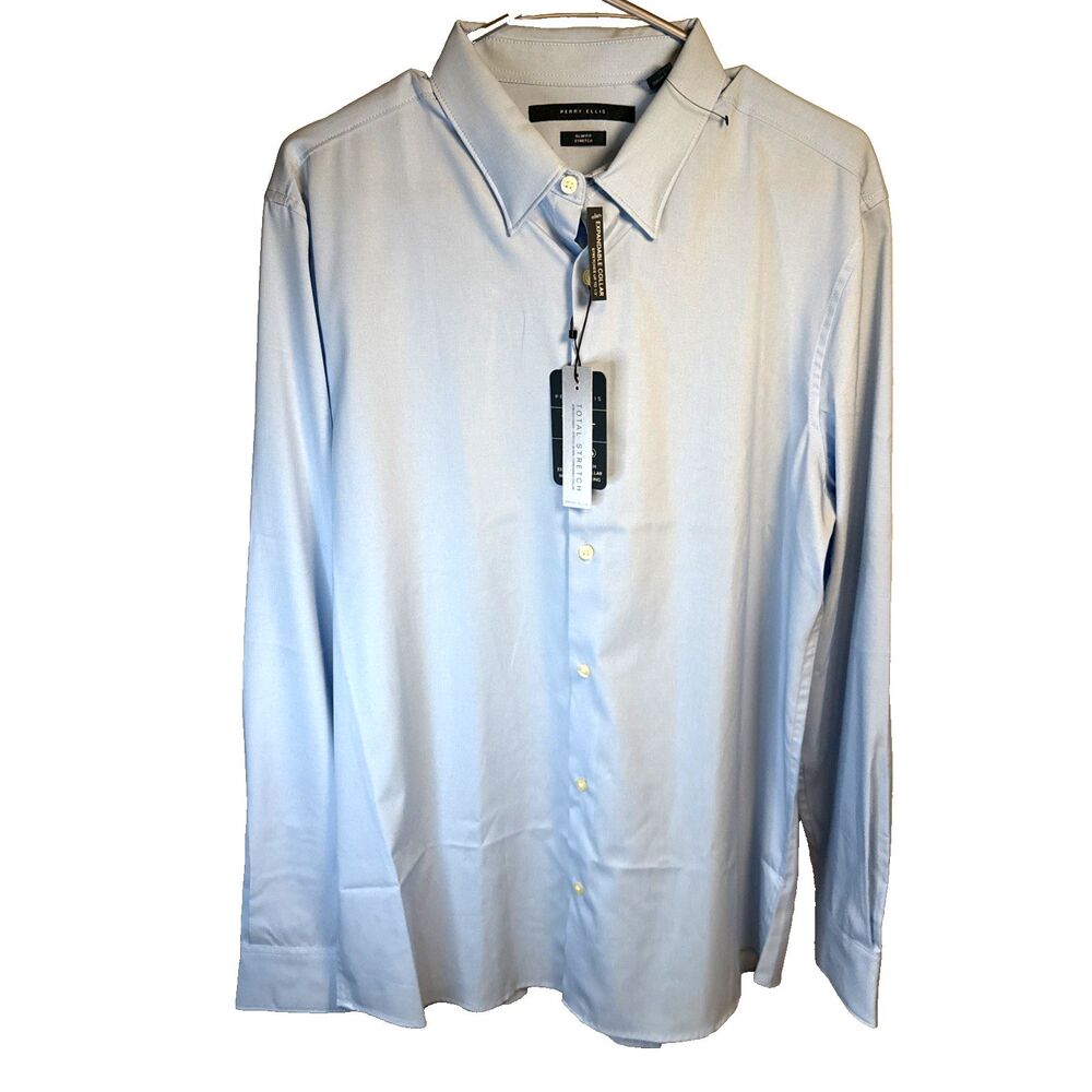 NEW Perry Ellis Portfolio Travel Luxe Shirt Slim Fit  Size Lg 16.5 32/33 Lt Blue